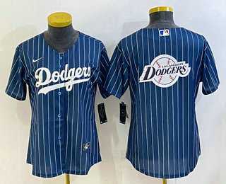 Women%27s Los Angeles Dodgers Big Logo Navy Blue Pinstripe Stitched MLB Cool Base Nike Jersey
